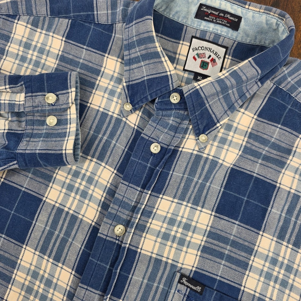 Faconnable Long Sleeve Button Down Shirt‎ Blue Cream Plaid Twill Men's XL